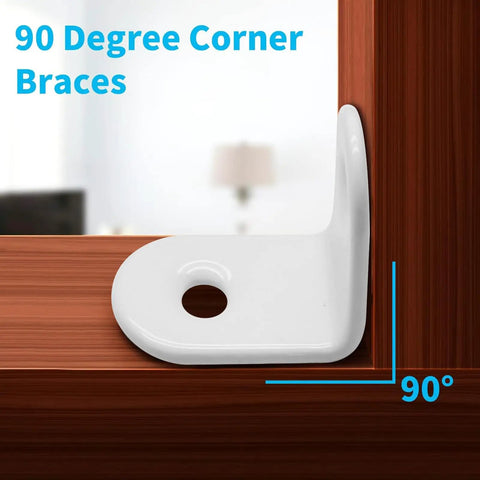 Heavy Duty White Metal Corner Braces 1 X 1 Inch Pack Of 20 Smooth Steel L Brackets With 40 Mounting Screws For Hassle Free Furniture Repairs And Rock Solid Shelf Support Jobs, showing 90-degree corner brace on wood.