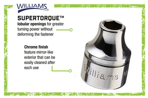 Pro Grade Thirteen Piece Three Eighths Inch Drive Shallow Six Point Socket Set With Quarter Inch To One Inch Sizes High Polish Chrome Finish for Easy Cleaning Durable Bits for Automotive and Machinery Repairs with a close-up of the SUPERTORQUE feature.
