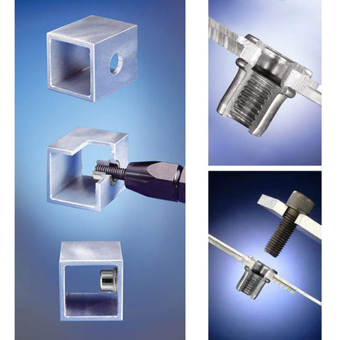 100 Pack 1 4 20 Aluminum Flange Rivet Nuts With UNC Threads Flat Head Threaded Insert Nuts For 0.7mm To 4mm Grip Range, 8.9mm Body Diameter, 12.1mm Head Diameter, 1.4mm Head Height, 15.1mm Total Length, 9mm Installed Length, Silver shown installed and in use with metal sections.
