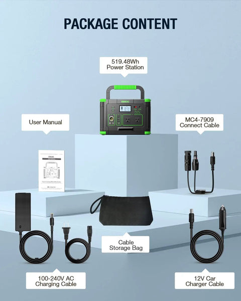 Power On The Go 500W Portable Power Station With 519.48Wh 140400mAh Battery package content with cables and user manual