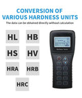 Sl 150 Digital Leeb Hardness Tester Meter displays various hardness unit conversions for Steel and Metal Alloys.