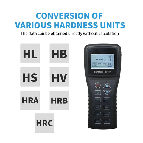 Sl 150 Digital Leeb Hardness Tester Meter displays various hardness unit conversions for Steel and Metal Alloys.