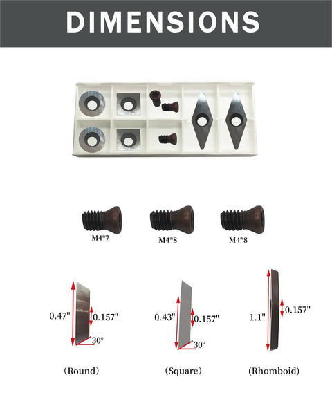 Dimensions of Rugged Woodturning Carbide Lathe Tool Set Of 3 With 6 Carbide Inserts Tool Heads showing sizes and shapes.
