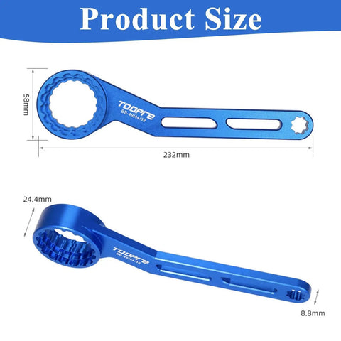 6-In-1 Bike Crank Removal Tool And Bottom Bracket Wrench, blue aluminum, 232mm, product size dimensions.