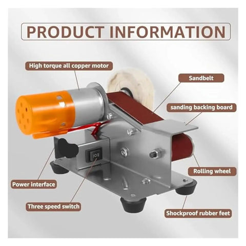 Compact Mini Electric Belt Sander For Desktop DIY Projects, showcasing copper motor, sanding belt, and power switch.