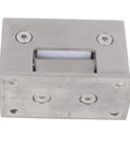 Close-up of Stainless Steel Double Opening Shower Door Hinges 90-Degree Hardware with brushed finish and screws visible.