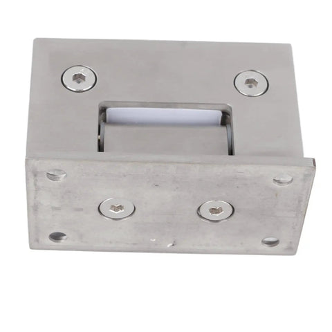Close-up of Stainless Steel Double Opening Shower Door Hinges 90-Degree Hardware with brushed finish and screws visible.