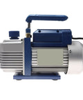 Heavy Duty Single Stage Vacuum Pump For Hvac Service Featuring Hella Fast Flow Rates And Gas Ballast Valve To Cut Condensation side view with blue handle.