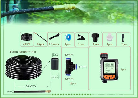 Drip Irrigation Kit With Timer And Quick Connect, Automatic Garden Watering System For Lawn And Plants components layout