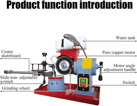 Heavy Duty Rotary Angle Mill Sharpener And Round Circular Saw Blade Grinder With Water Injection Cooling To Burn Off Dust And Keep Carbide Tips Razor Sharp All Day Long showing water tank, grinding wheel, and motor.