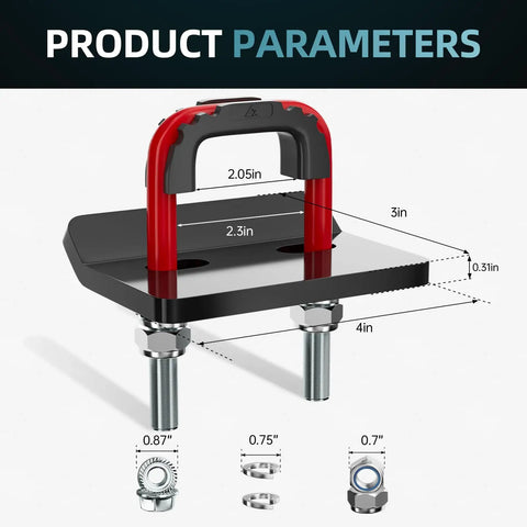 Product parameters of Beefy Heavy Duty Hitch Tightener And Anti Rattle Clamp with dimensions and red-black design