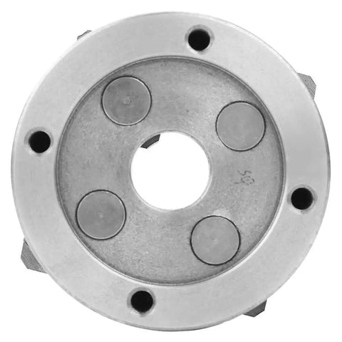 Top view of K72-100 Four Jaw Lathe Chuck For Manual Metal Turning, showing round plate with mounting holes and center opening.