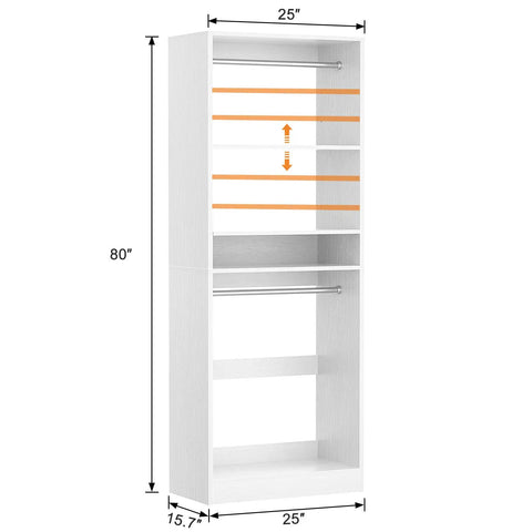 Freestanding Closet System With Adjustable Hanging Rods And Super Sturdy Steel Frame Built For No Sweat Setup And Roomy Multi Purpose Wardrobe Shoe Storage Tower, 80" tall, 25" wide, white steel frame.