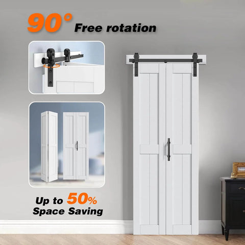 48x84 Inch White Bi Fold Barn Door With Hardware Kit And Handle, solid MDF, installed in a modern farmhouse style interior