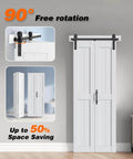 60 By 84 Inch White Bi Fold Barn Door With Hardware Kit And Handle Solid MDF With Waterproof PVC Surface shown in room.