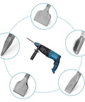 5 Piece Wood Chisel Set For SDS Plus Bits Pro Grade Tool Kit with various chisel heads and hammer drill displayed