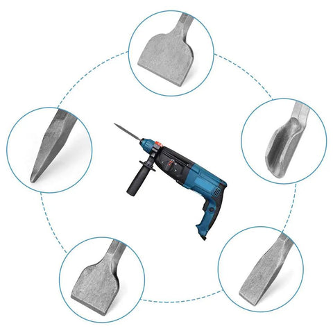 5 Piece Wood Chisel Set For SDS Plus Bits Pro Grade Tool Kit with various chisel heads and hammer drill displayed