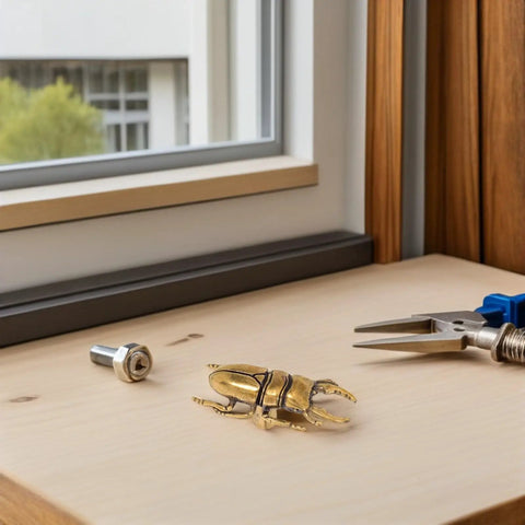 Two Piece Brass Beetle Drawer Knob Set For Dressers And Cabinets displayed on a wooden surface with tools nearby