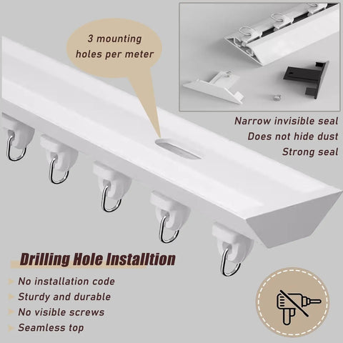 Ultra Thin Ceiling Curtain Rail Aluminum Track For Heavy Curtains With Silent Glide Pulleys, Ceiling Mount Room Divider Rod For Privacy, Black Finish, 12.5m 41ft Length, 1.5 cm Slim Design, Heavy Duty showing white track with hooks and drilling holes