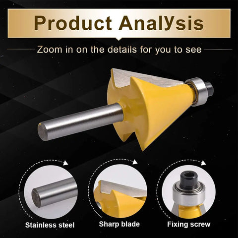 Dope Carbide Tipped Chamfer Router Bit 22.5 Degree Bevel Edging Bit With One Quarter Inch Shank displayed with parts labeled