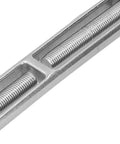 Close-up of Heavy Duty Stainless Steel Cable Turnbuckle Tensioner Rust Proof Industrial Wire Rope Tightener Adjustable M16 Thread.