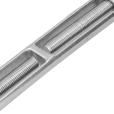 Close-up of Heavy Duty Stainless Steel Cable Turnbuckle Tensioner Rust Proof Industrial Wire Rope Tightener Adjustable M16 Thread.