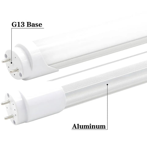 Close-up of 2Ft LED Tube Lights 8W Replacement For Fluorescent 6000K Cool White Ballast Bypass showing G13 base and aluminum build.
