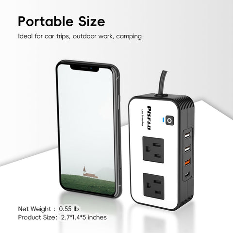 200W Car Power Inverter With Dual 110V AC Outlets And Four USB Ports Including 20W USB-C Fast Charge And 18W Quick Charge For Laptops Tablets And Phones, Road Trip Ready On The Go Car Charger beside a smartphone illustrating portability.