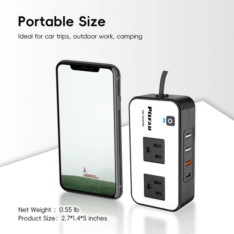 200W DC 12V To 110V AC Car Power Inverter Pack Of 2 Featuring 20W USB C And 18W Fast Charging Dual USB Ports displayed next to a smartphone.