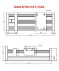 Technical drawing of CNC Sliding Stage With Adjustable Z Axis Travel 50-500mm, highlighting 100mm effective stroke measurement
