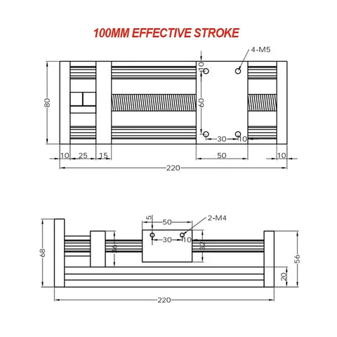 Technical drawing of CNC Sliding Stage With Adjustable Z Axis Travel 50-500mm, highlighting 100mm effective stroke measurement