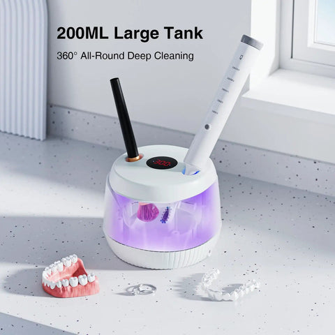 Retainer Cleaner Machine With 45kHz Ultrasonic Cleaning And LED Digital Timer 200ml Capacity on bathroom counter