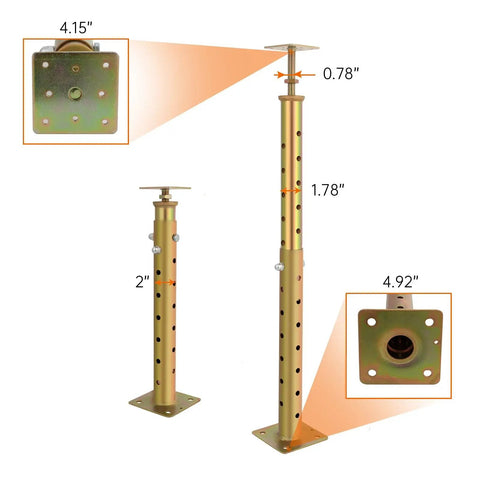 Two Pack Adjustable Basement Floor Jack To Keep Your Home Solid Heavy Duty Joist Screw Support For Crawl Spaces Leveling Tool showing height adjustments and measurements.