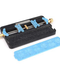 Dual Slot PCB Soldering Holder And Circuit Board Clamp Stand with blue and gold fixtures on a black base