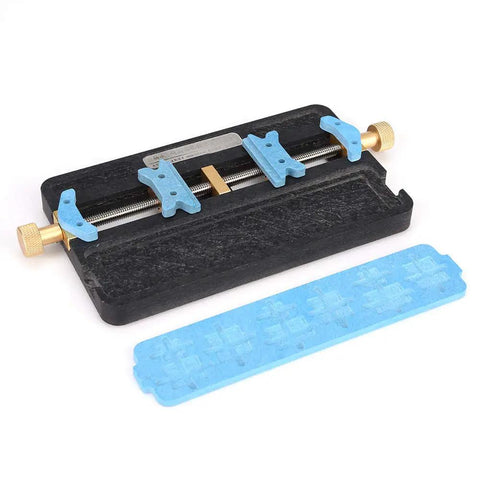 Dual Slot PCB Soldering Holder And Circuit Board Clamp Stand with blue and gold fixtures on a black base