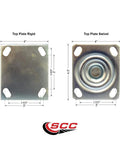 Caster set of 4 with 5-inch V-groove cast-iron wheels and ball bearings; 2 swivel, 2 rigid; Service Caster brand; top-plate views.