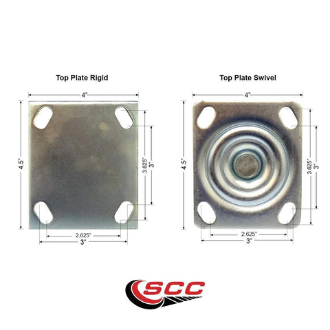 Caster set of 4 with 5-inch V-groove cast-iron wheels and ball bearings; 2 swivel, 2 rigid; Service Caster brand; top-plate views.