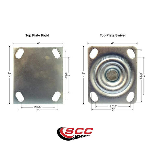 Hella Durable High Temp Phenolic Caster Set Featuring Eight Inch Swivel Plates Two Brake Wheels And Two Fixed Rigids Built To Carry Five Thousand Pounds Daily metal swivel and rigid top plates with dimensions.