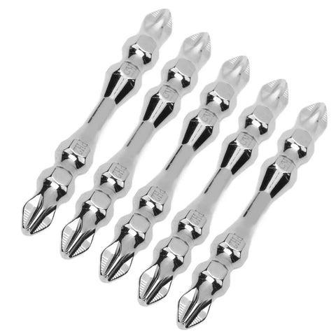Rock Solid 10 Piece Double Ended Screwdriver Bit Set With PH2 Cross Head Magnetic Tips Made From Super Tough K5 Alloy Steel Featuring 65mm Length And 1/4 Inch Hex Shank displayed on white background
