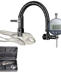Disc brake rotor runout gauge set with 1'' by 0.0005'' digital indicator on a flexible arm and locking vise, plus case