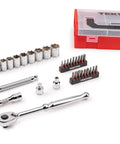 Three Eighths Inch Drive Six Point Socket Set With Ratchet And Bits In A Mini Stacking Box Grab And Go Thirty Five Piece displayed on white