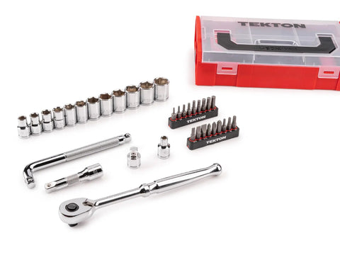 Three Eighths Inch Drive Six Point Socket Set With Ratchet And Bits In A Mini Stacking Box Grab And Go Thirty Five Piece displayed on white