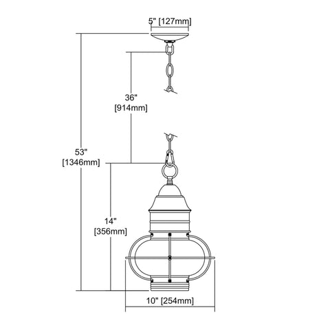 Onion Outdoor Pendant Light With One Bulb, Oil Rubbed Bronze Finish, Clear Seeded Glass Globe, technical drawing with measurements