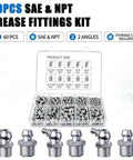 Solid 60 Piece Grease Fittings Kit With Zinc Plated Iron Zerk Assortment Featuring 45 And 180 Angle Angles Plus Mix Of Metric And Sae Threads Perfect For Slapin Up Your Ride Or Fixing Heavy Machinery, 60 pcs SAE & NPT