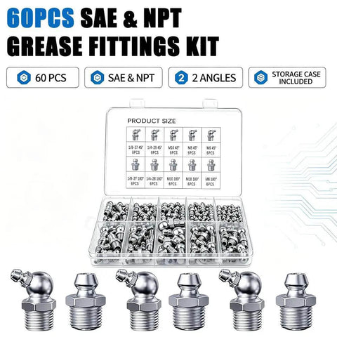 Solid 60 Piece Grease Fittings Kit With Zinc Plated Iron Zerk Assortment Featuring 45 And 180 Angle Angles Plus Mix Of Metric And Sae Threads Perfect For Slapin Up Your Ride Or Fixing Heavy Machinery, 60 pcs SAE & NPT