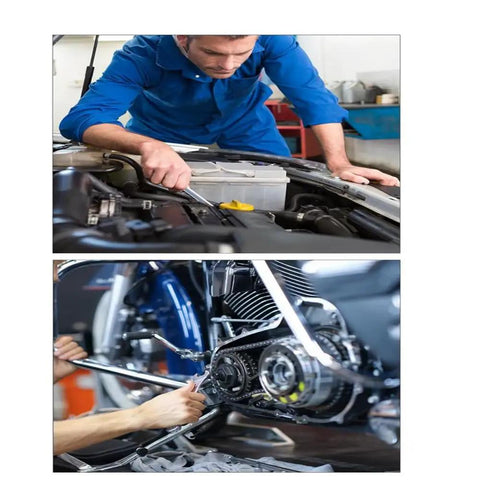 Mechanic using Beefy Flange Bolts And Nuts Kit For Auto Projects Grade 10.9 during car and bike repair in garage