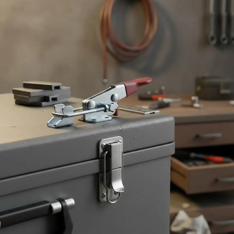 Heavy Duty Spring Loaded Toggle Latch on a toolbox lid, stainless steel, designed for vibration free locking action in a garage.