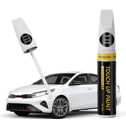 Snow White Pearl Touch Up Paint For Kia - Quick Easy Scratch Fix Kit With Color Matched 2 In 1 Scratch Remover Pen Exact Shade SWP VIN And Paint Code Tips For A No Hassle Auto Body Touch Up beside a white Kia car