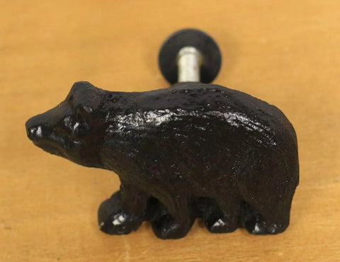 Side view of Rustic Black Bear Drawer Knobs Set Of 4 Metal Cabinet And Drawer Pulls with 3 inch mounting distance, bear design.