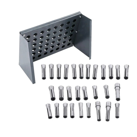 29Pcs R8 Collet Set With 48 Slot R8 Rack For Milling Machines, Precision 1/32 Inch To 1 Inch Collets displayed in steel rack